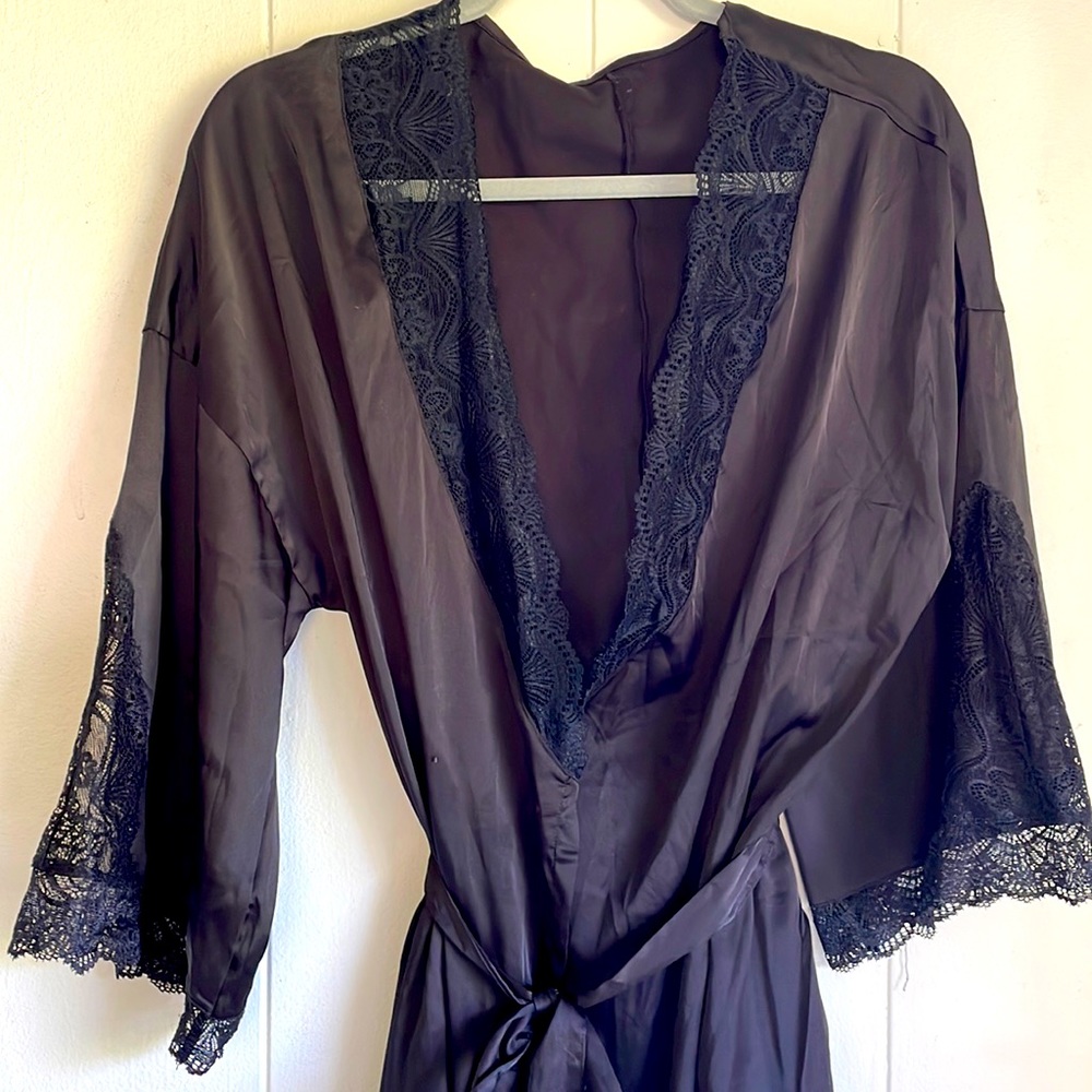 Silky Black Robe with Lace